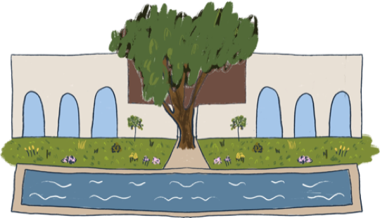 Illustration of the wedding venue with a tree, arches and a reflecting pool